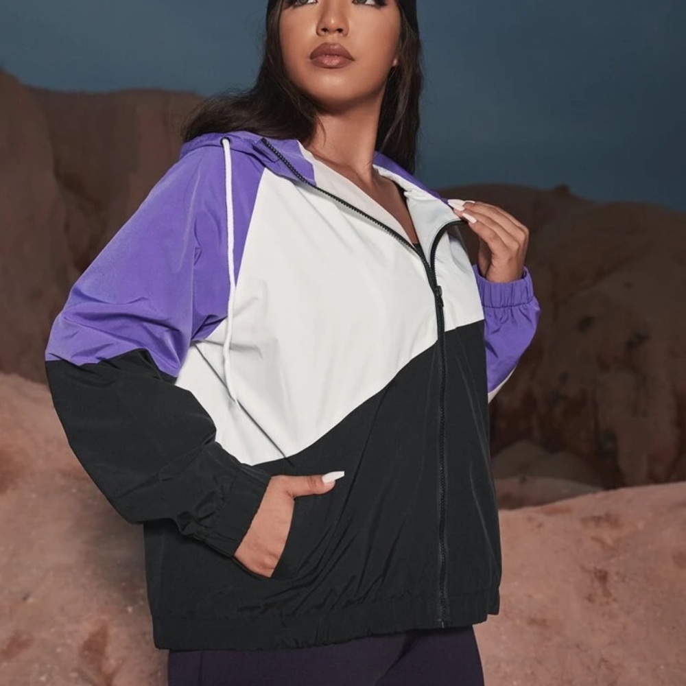 Colorblock Drawstring Zipper Windbreaker Jacket - Picture 2 of 6
